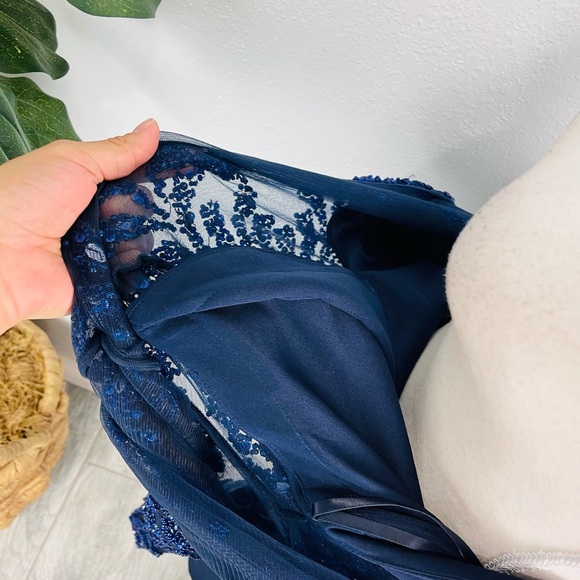 Modessa Couture Blue Embellished Peplum Long Sleeve Prom Homecoming Event Dress - Picture 10 of 16